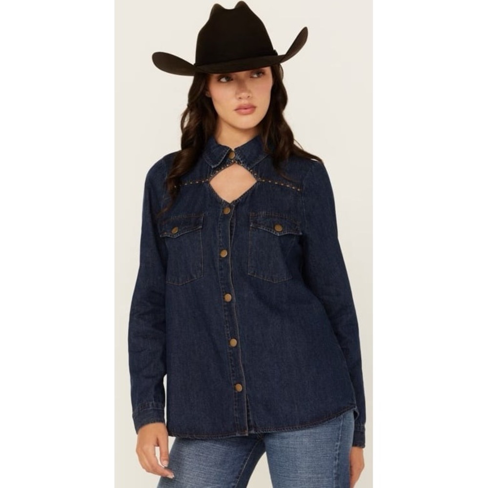 Blue B Women's Dark Wash Studded Keyhole Long Sleeve Snap Denim Shirt M